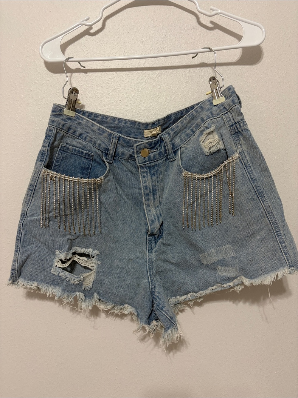Harper Light Blue Distressed Denim Shorts with Chain Fringe